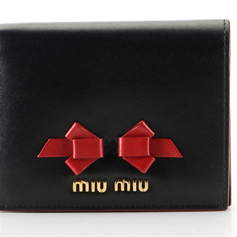 Miu Miu Soft Calfskin Bow Compact Wallet Black Pink